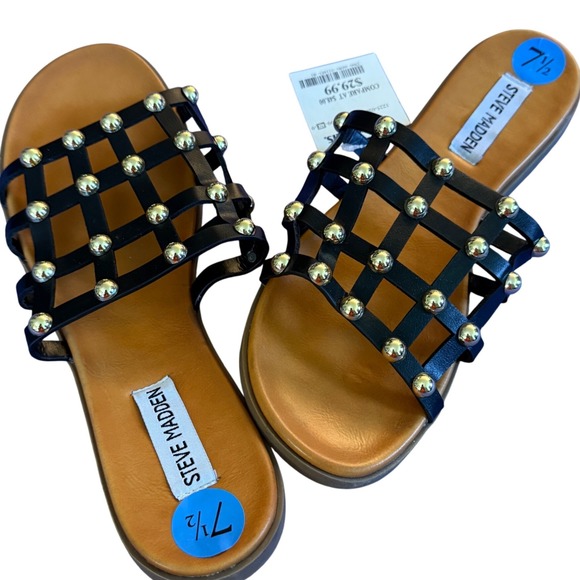 Steve Madden BEIL01S1 Studded Slide Sandals Black Gold Slip On Size 7.5 NWT - Picture 1 of 6